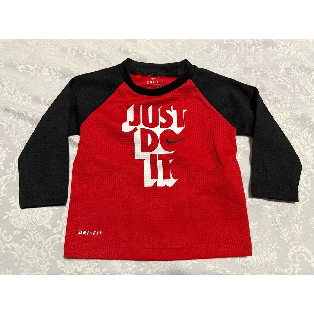 Black Red Nike Just Do It Long-Sleeve Dri-Fit Baby Shirt Size 12 Months